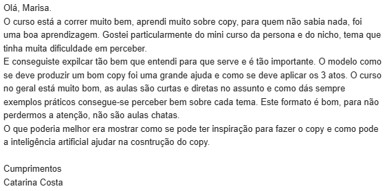 Email da Catarina Costa à Marisa