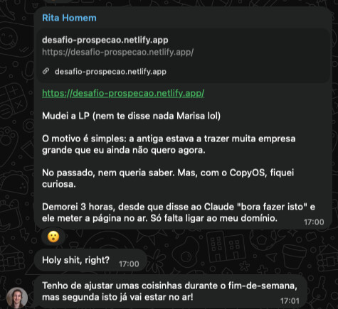 Mensagem da Rita Homem sobre a landing page